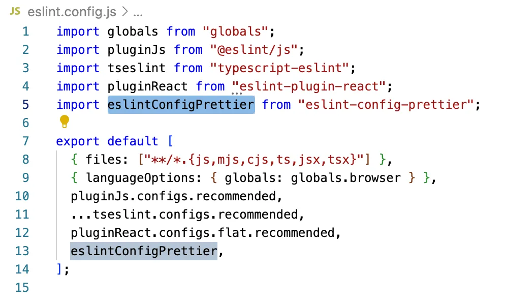 Добавляем конфиг как указано в Readme eslint-config-prettier