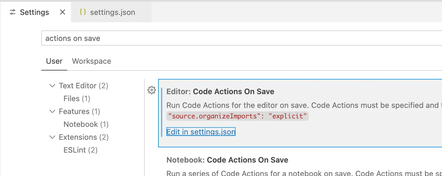 Переходим в settings.json через пункт в настройках Code Actions On Save